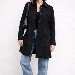 Y2K Black Genuine Suede Leather Trench Coat Minimal Stitch Button Front L